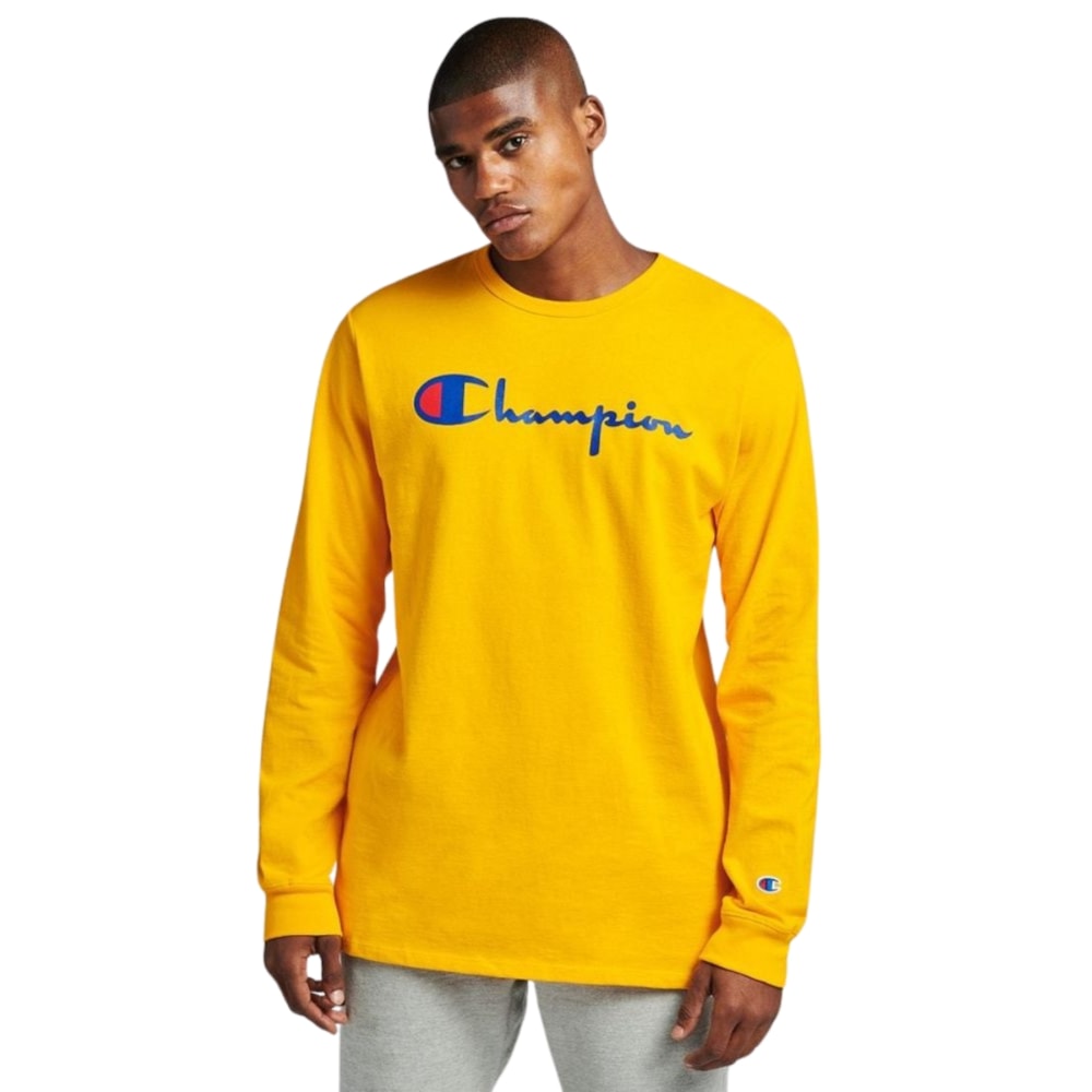 Camiseta Manga Longa Champion C Life Script Logo Masculina - Amarelo/Azul